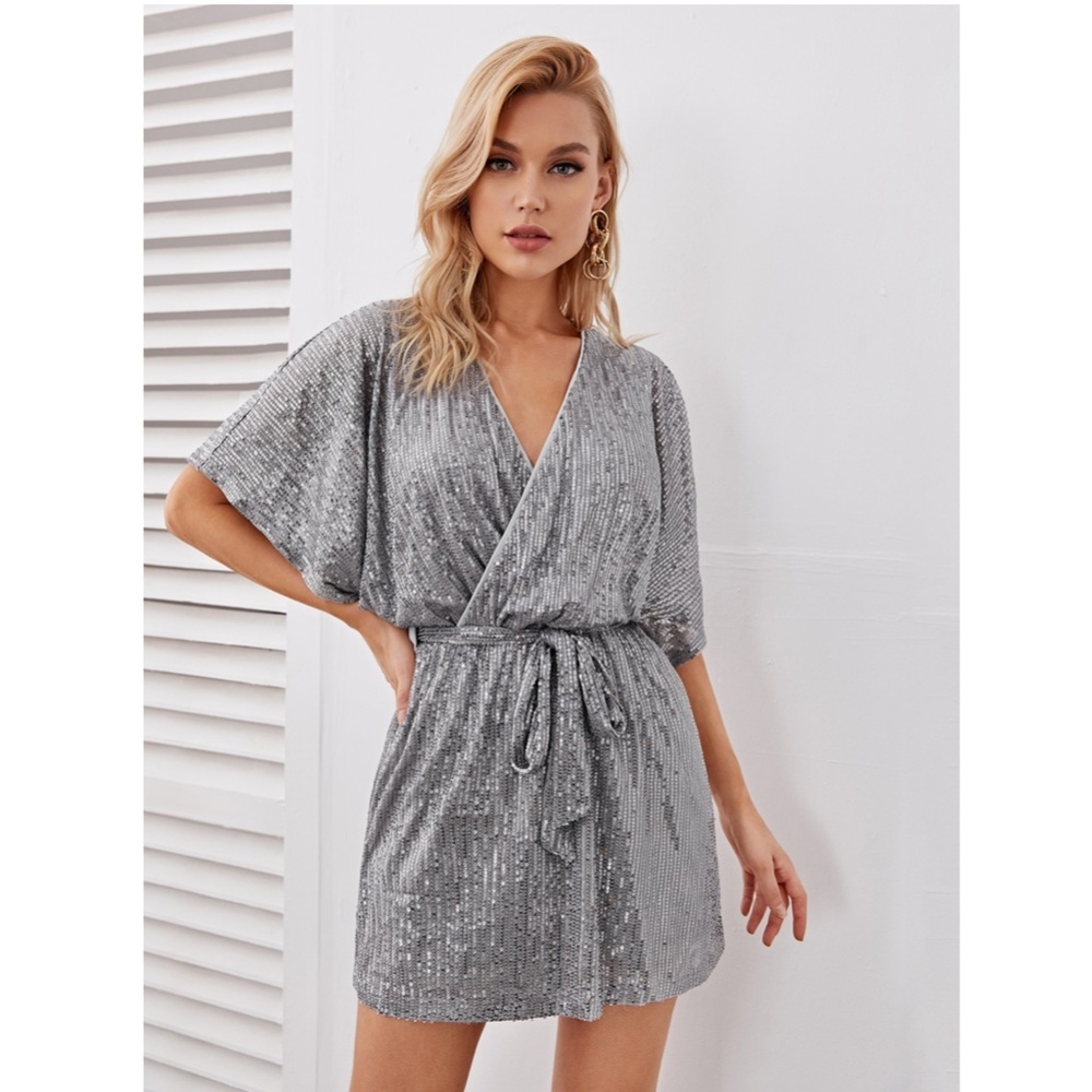 All Over Sequin Silver V-Neck Belted Mini Dress